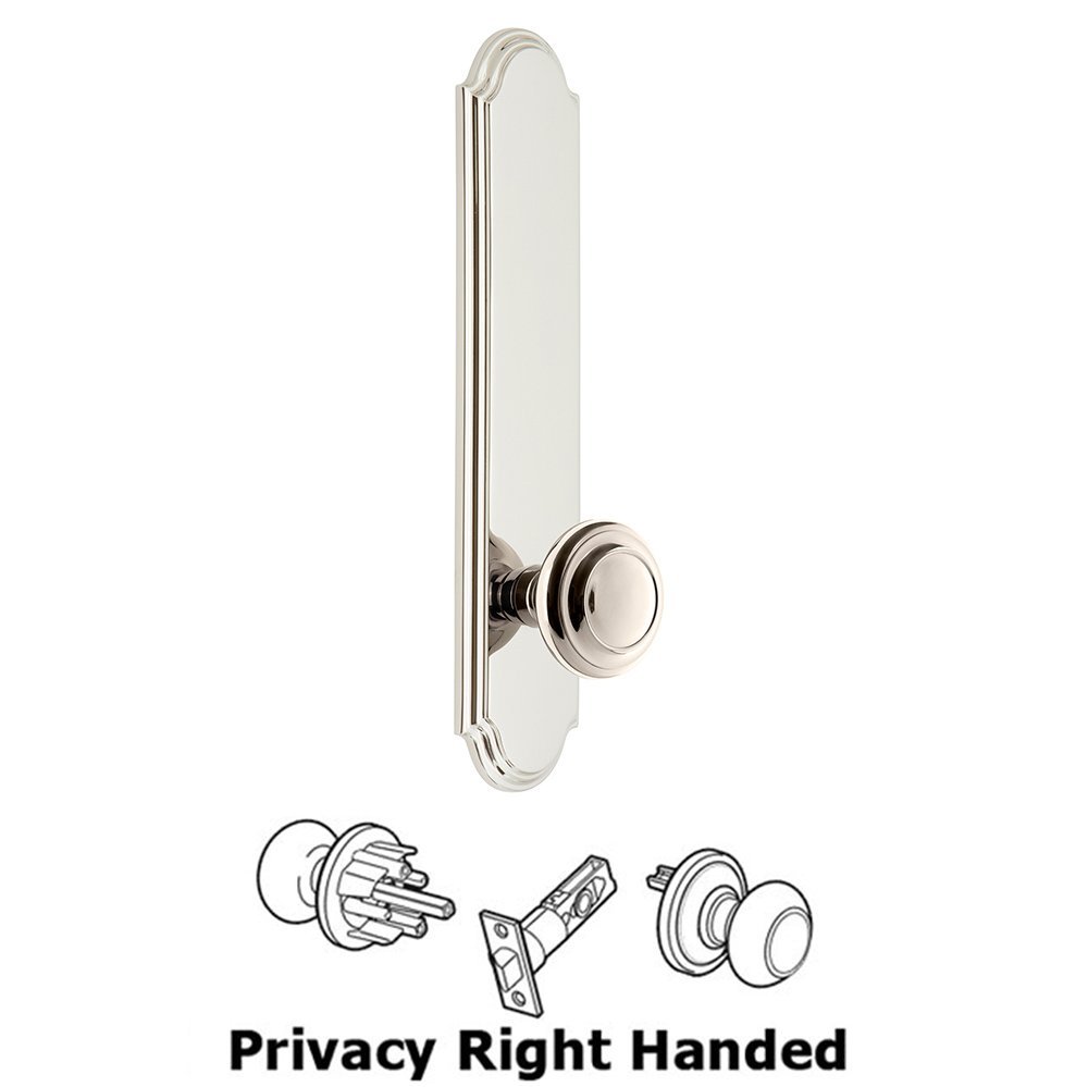 Tall Plate Privacy with Circulaire Right Handed Knob in Polished Nickel
