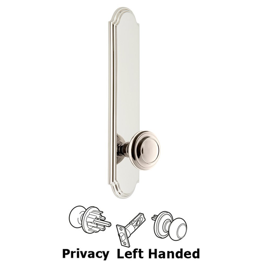 Tall Plate Privacy with Circulaire Left Handed Knob in Polished Nickel
