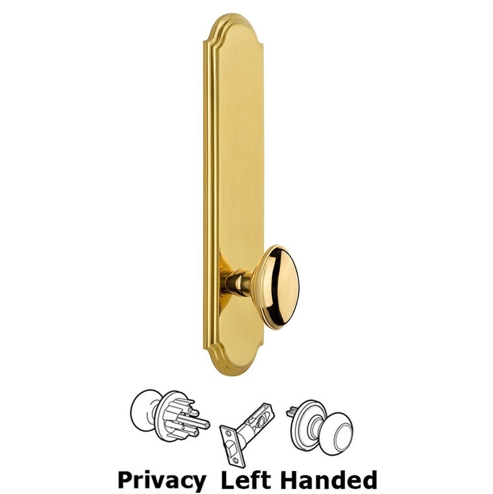 Tall Plate Privacy with Eden Prairie Left Handed Knob in Polished Brass