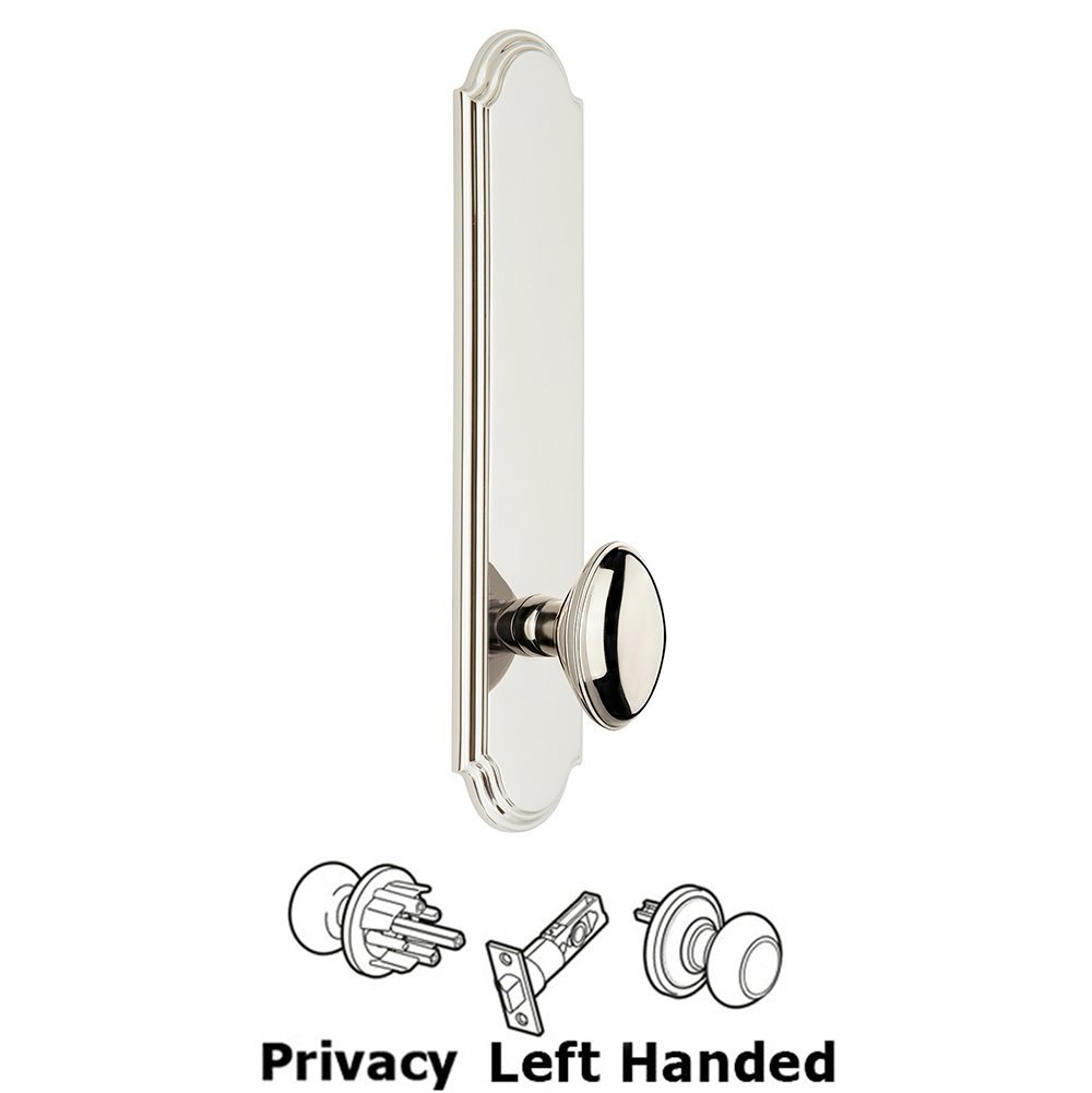 Tall Plate Privacy with Eden Prairie Left Handed Knob in Polished Nickel