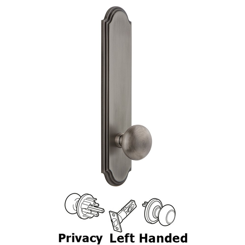 Tall Plate Privacy with Fifth Avenue Left Handed Knob in Antique Pewter