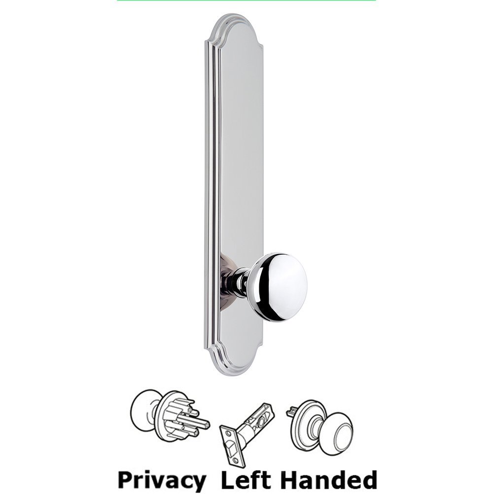 Tall Plate Privacy with Fifth Avenue Left Handed Knob in Bright Chrome