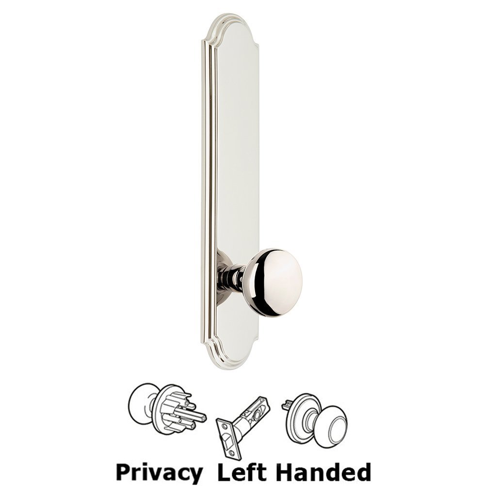 Tall Plate Privacy with Fifth Avenue Left Handed Knob in Polished Nickel