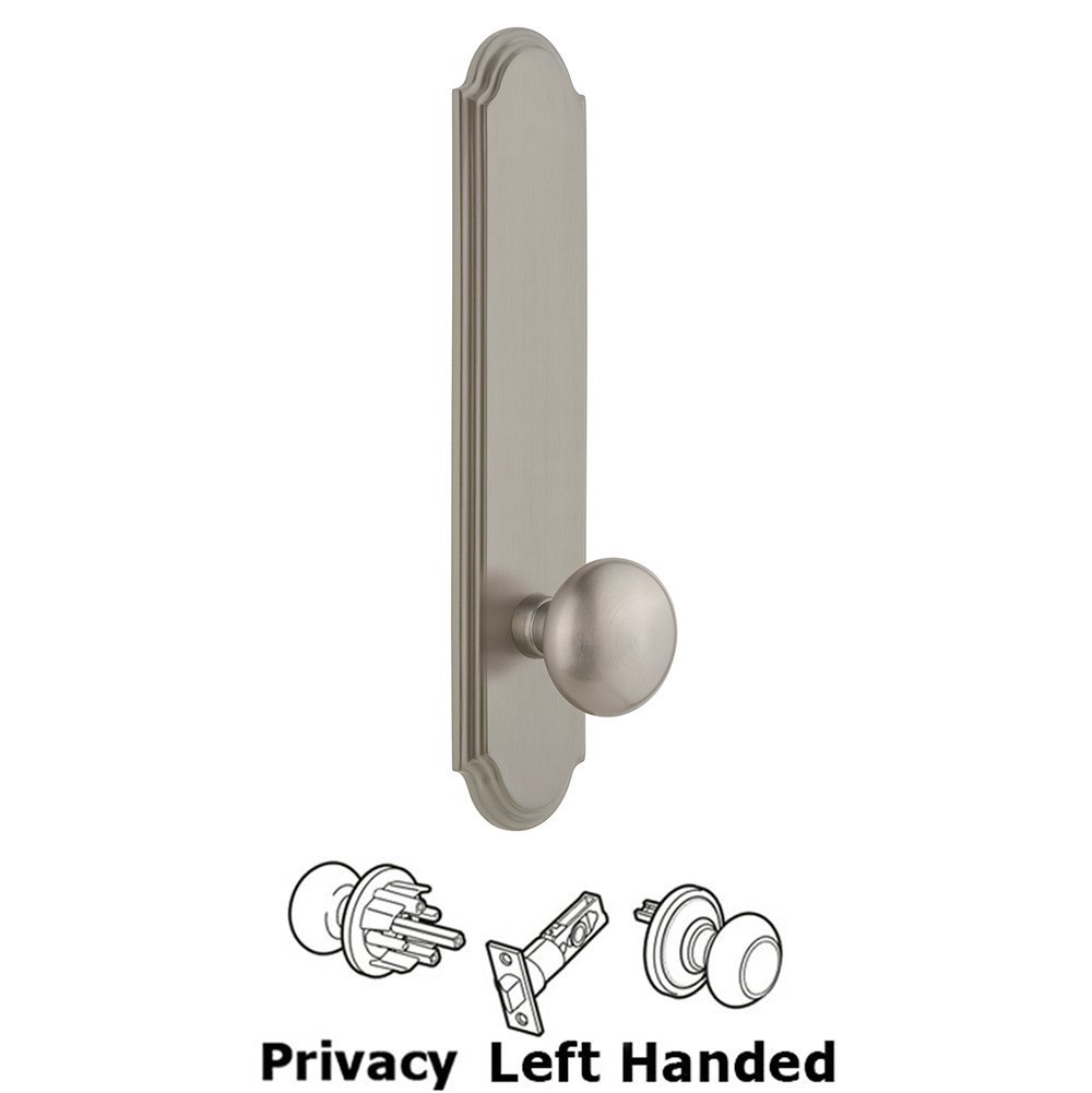 Tall Plate Privacy with Fifth Avenue Left Handed Knob in Satin Nickel