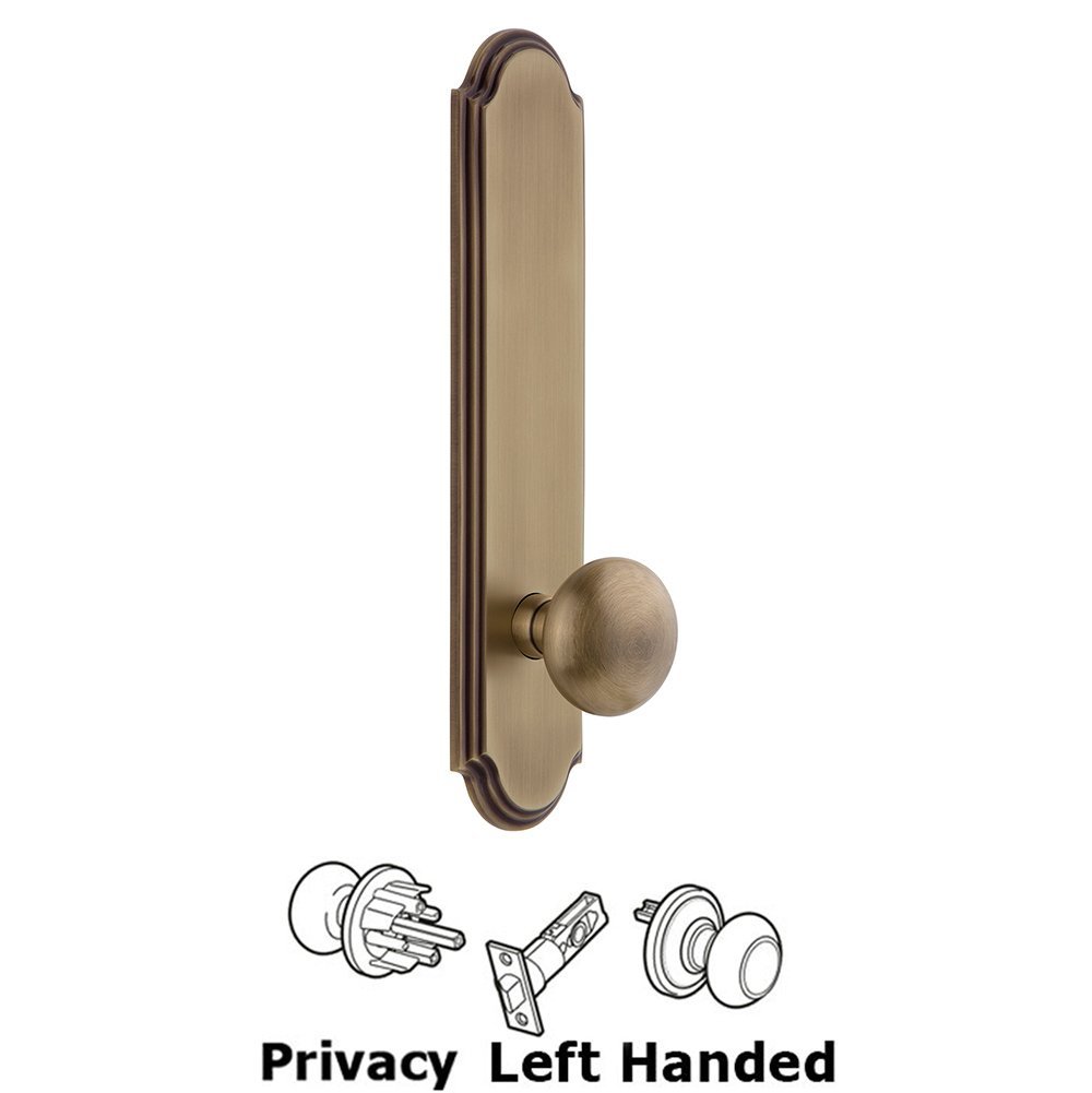 Tall Plate Privacy with Fifth Avenue Left Handed Knob in Vintage Brass