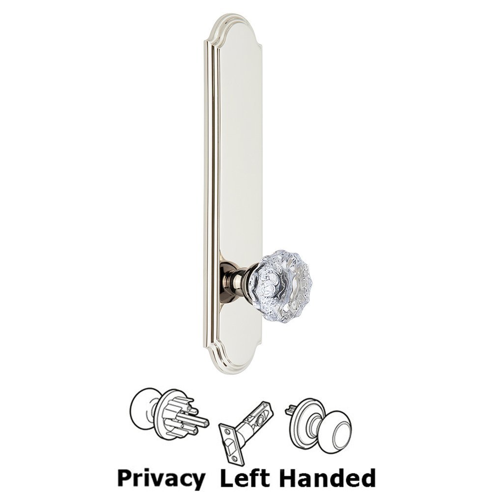 Tall Plate Privacy with Fontainebleau Left Handed Knob in Polished Nickel
