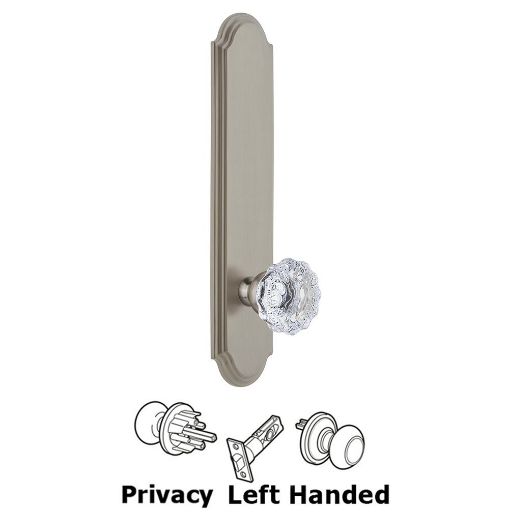 Tall Plate Privacy with Fontainebleau Left Handed Knob in Satin Nickel