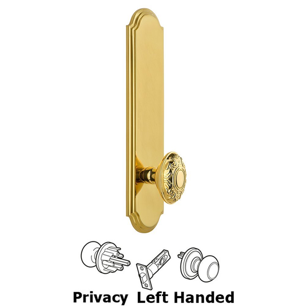 Tall Plate Privacy with Grande Victorian Left Handed Knob in Polished Brass
