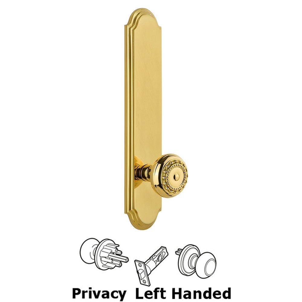 Tall Plate Privacy with Parthenon Left Handed Knob in Polished Brass