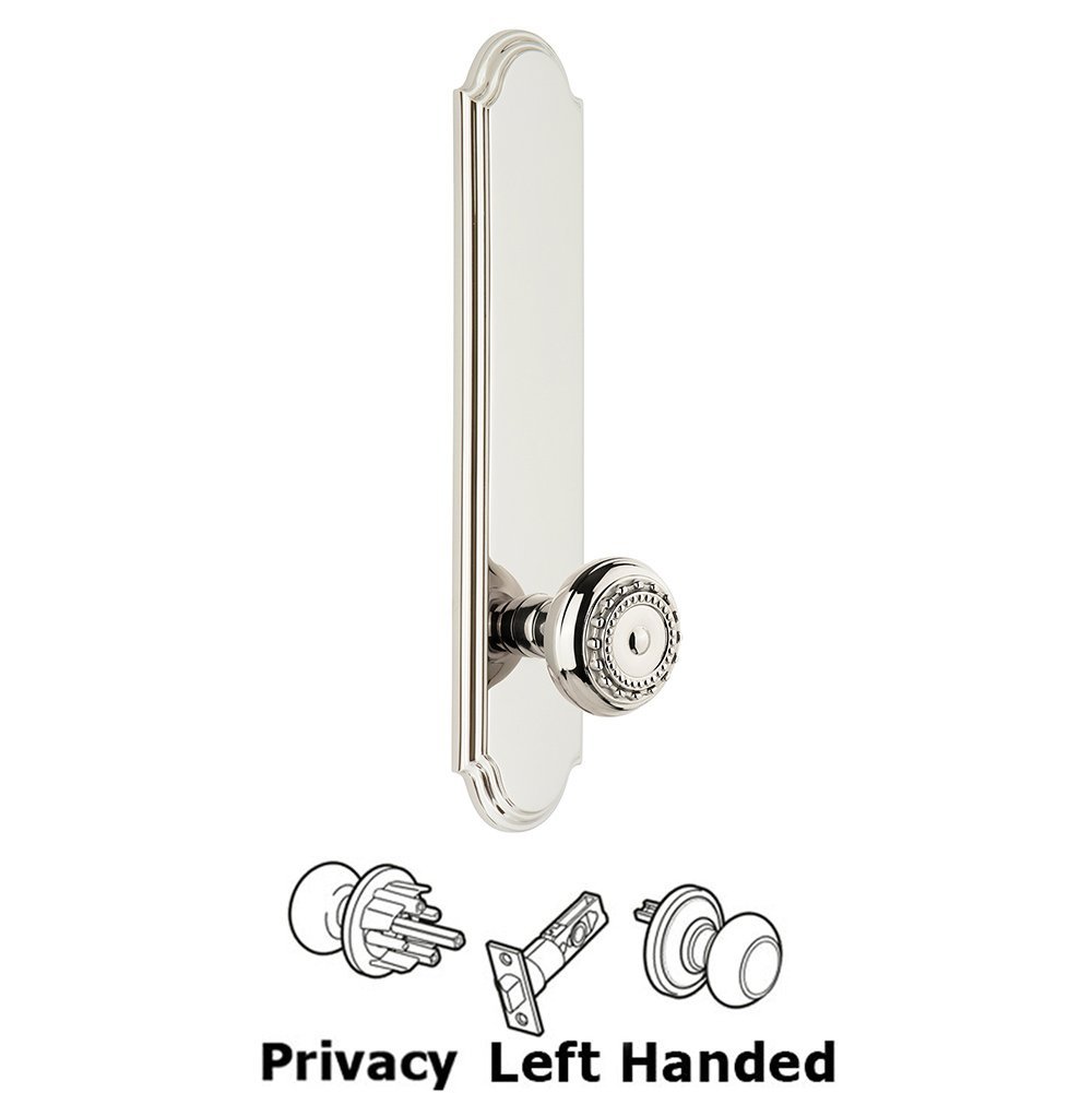 Tall Plate Privacy with Parthenon Left Handed Knob in Polished Nickel