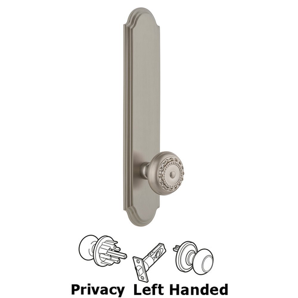 Tall Plate Privacy with Parthenon Left Handed Knob in Satin Nickel