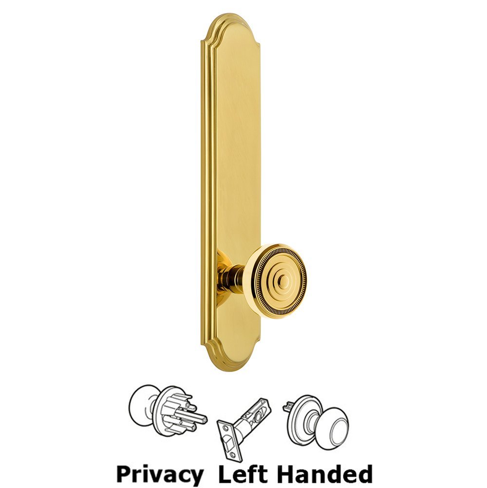 Tall Plate Privacy with Soleil Left Handed Knob in Polished Brass
