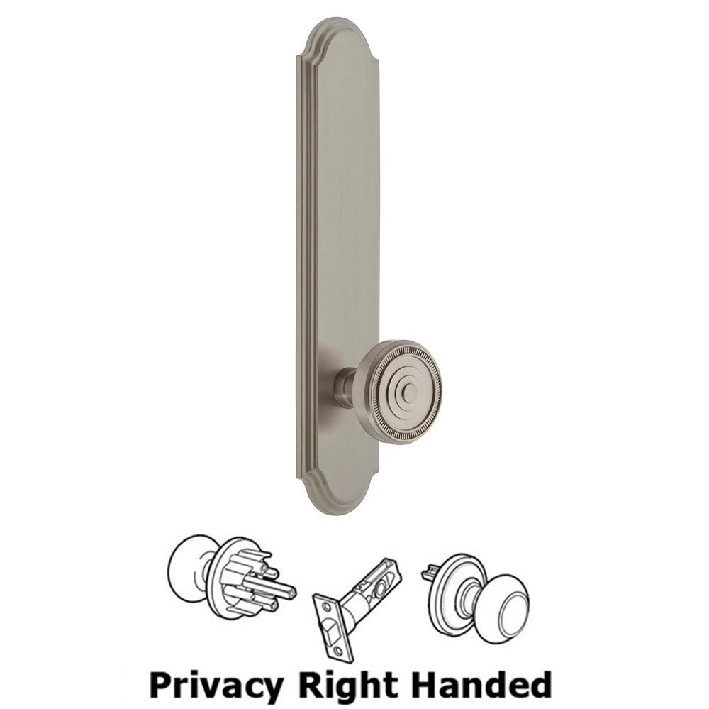 Tall Plate Privacy with Soleil Right Handed Knob in Satin Nickel