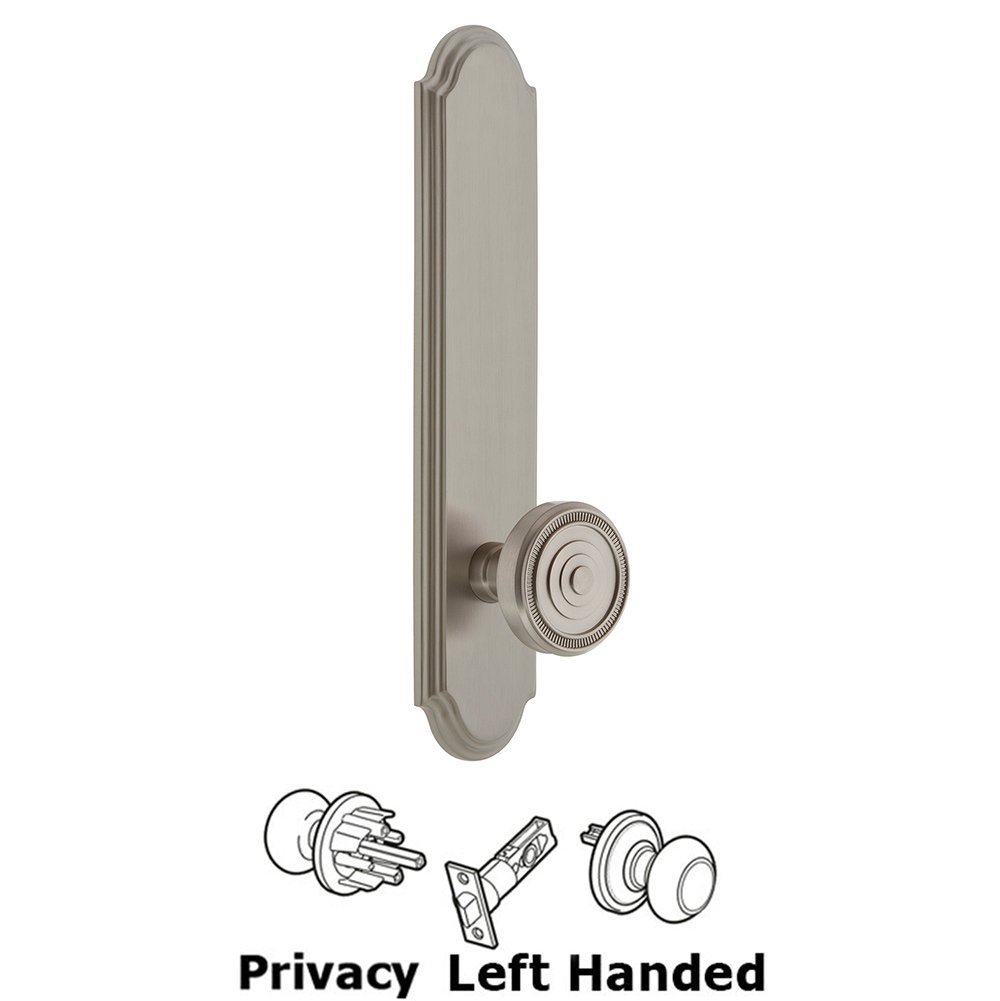 Tall Plate Privacy with Soleil Left Handed Knob in Satin Nickel