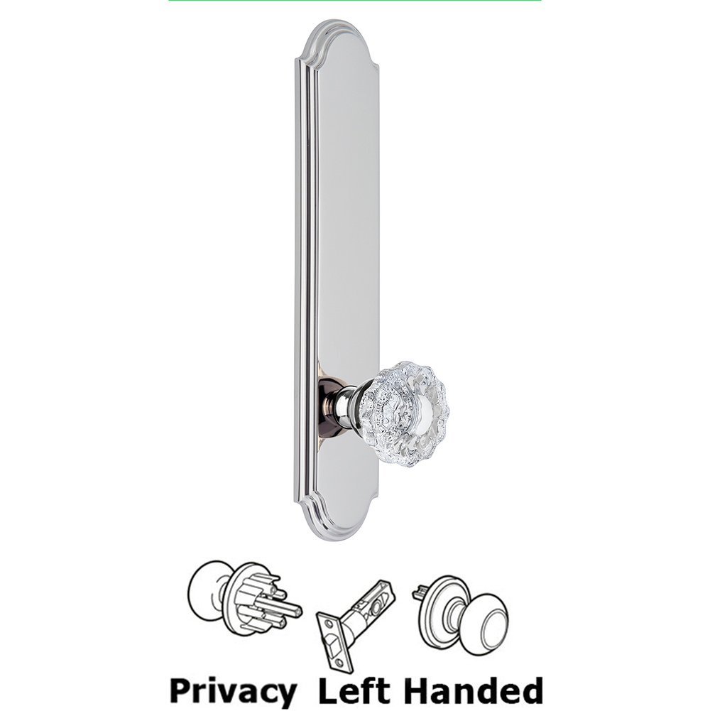 Tall Plate Privacy with Versailles Left Handed Knob in Bright Chrome