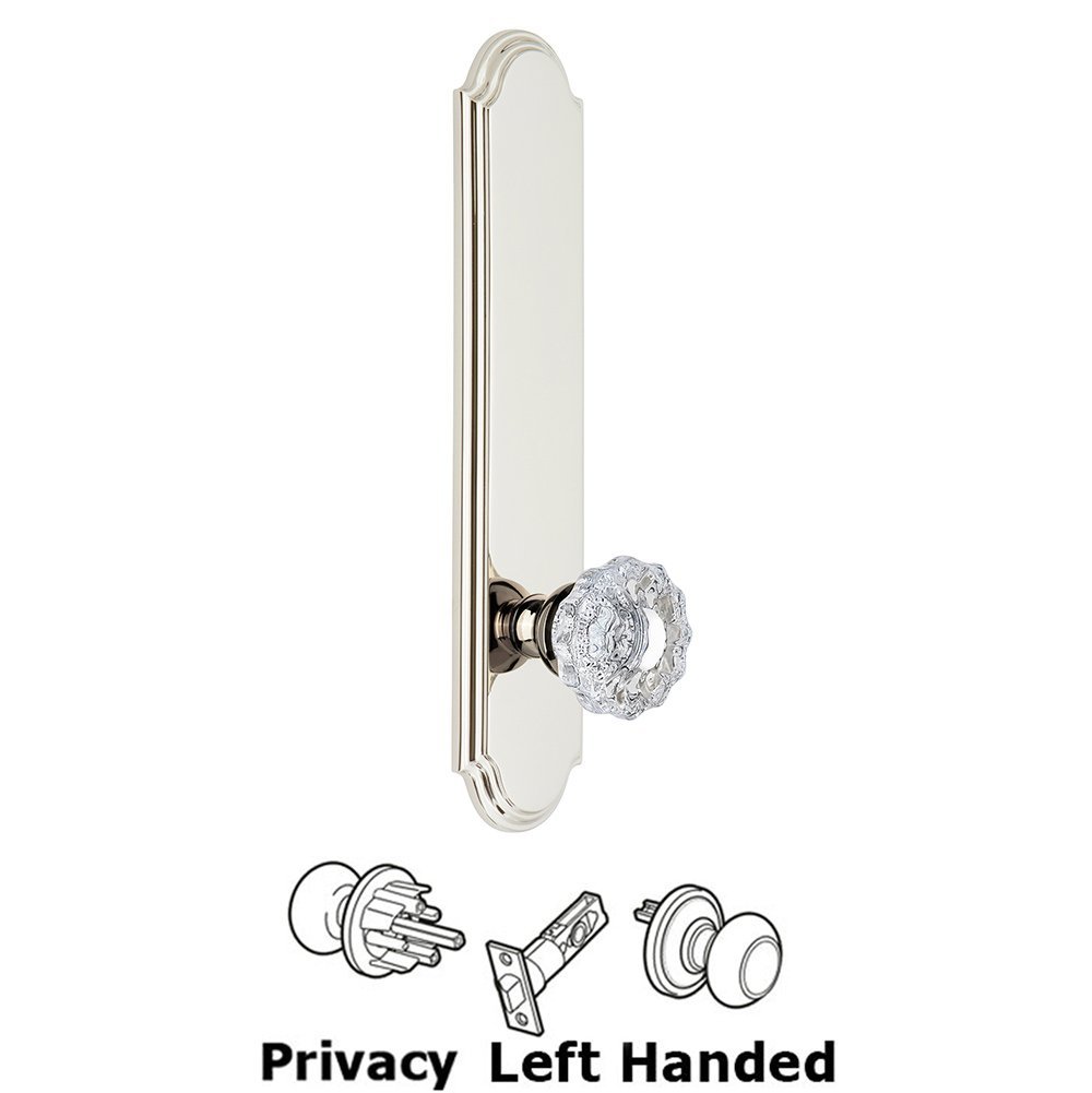 Tall Plate Privacy with Versailles Left Handed Knob in Polished Nickel