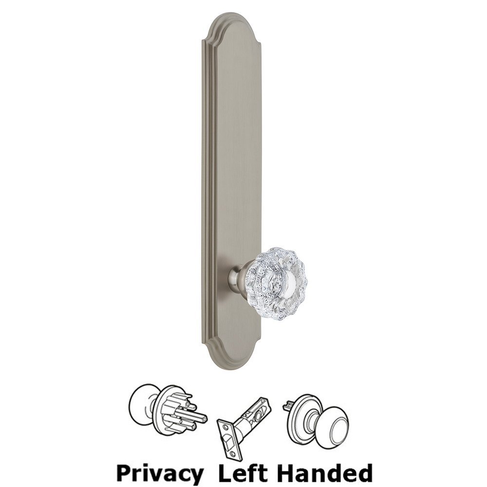 Tall Plate Privacy with Versailles Left Handed Knob in Satin Nickel