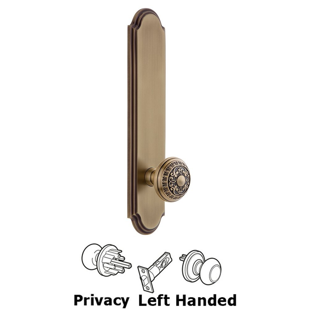 Tall Plate Privacy with Windsor Left Handed Knob in Vintage Brass