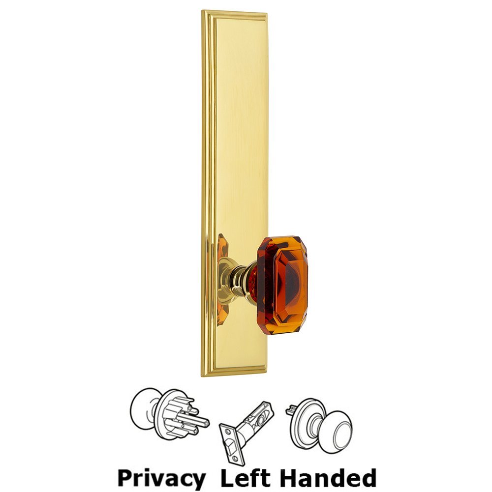Privacy Carre Tall Plate with Baguette Amber Left Handed Knob in Lifetime Brass