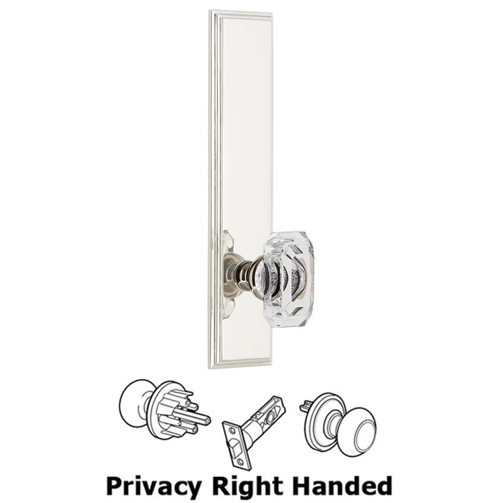 Privacy Carre Tall Plate with Baguette Clear Crystal Right Handed Knob in Polished Nickel