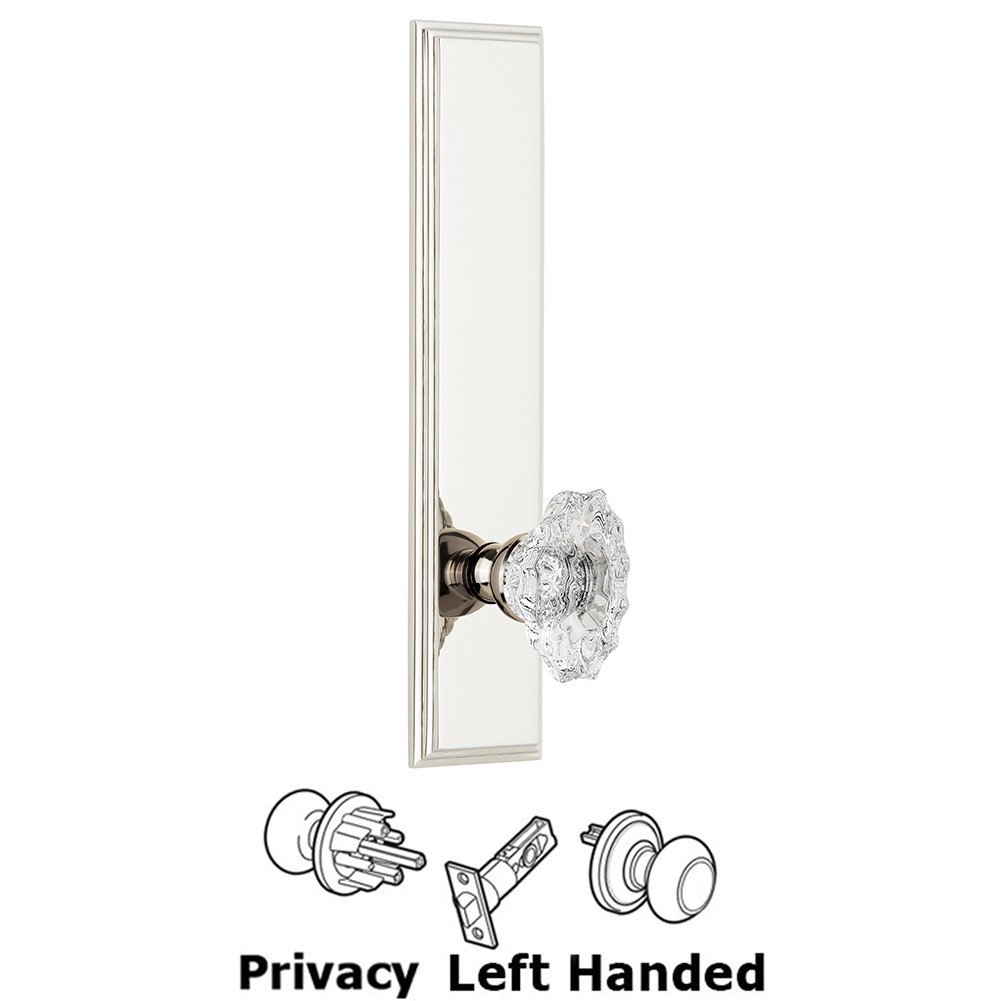 Privacy Carre Tall Plate with Biarritz Left Handed Knob in Polished Nickel