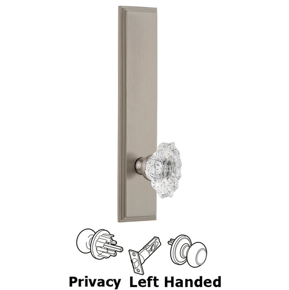 Privacy Carre Tall Plate with Biarritz Left Handed Knob in Satin Nickel
