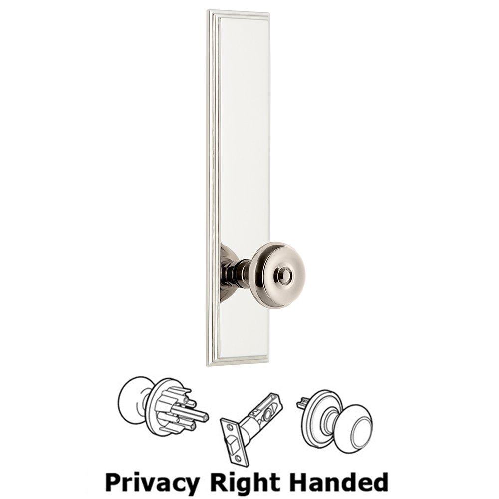 Privacy Carre Tall Plate with Bouton Right Handed Knob in Polished Nickel