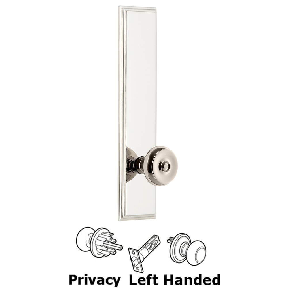 Privacy Carre Tall Plate with Bouton Left Handed Knob in Polished Nickel