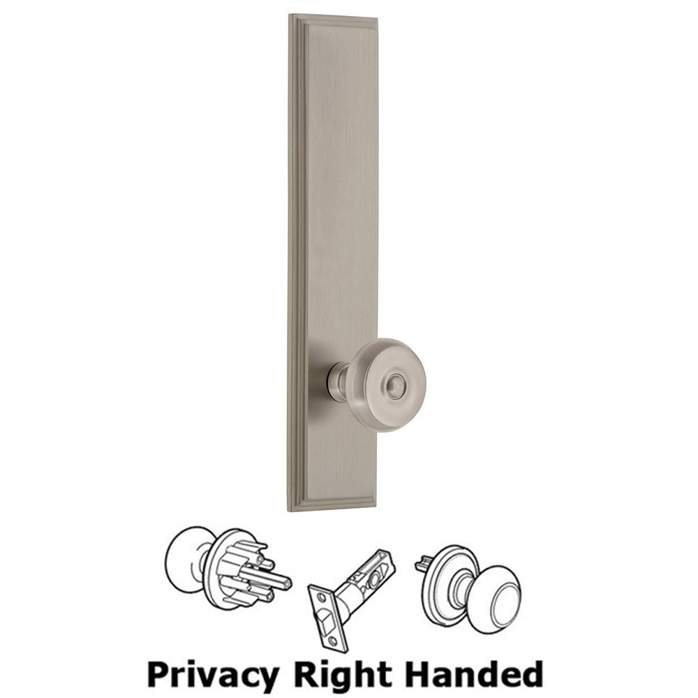 Privacy Carre Tall Plate with Bouton Right Handed Knob in Satin Nickel