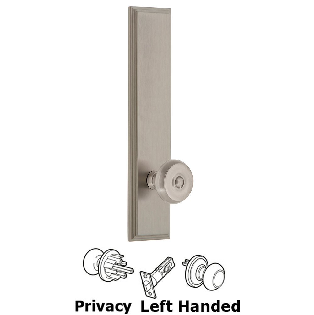 Privacy Carre Tall Plate with Bouton Left Handed Knob in Satin Nickel