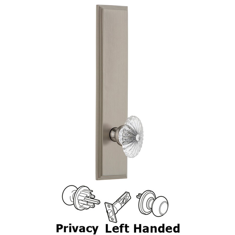 Privacy Carre Tall Plate with Burgundy Left Handed Knob in Satin Nickel