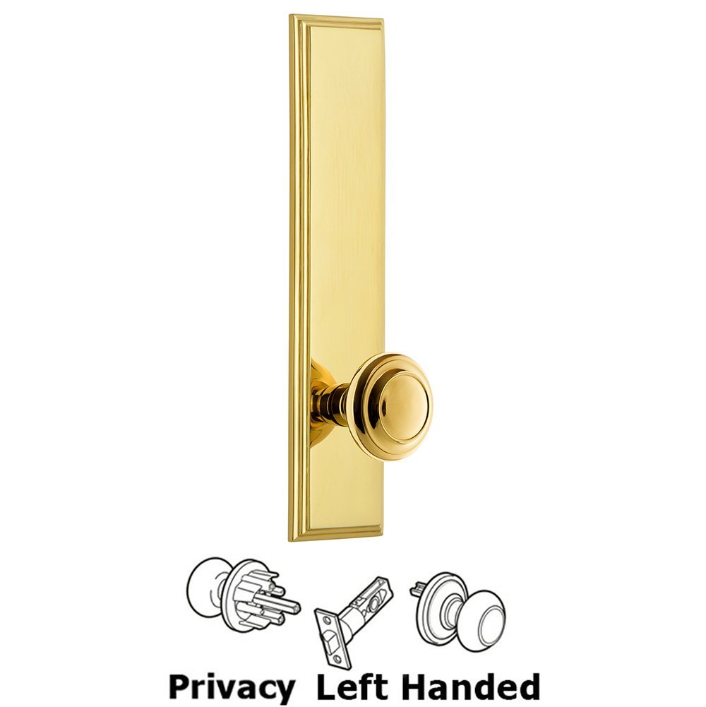 Privacy Carre Tall Plate with Circulaire Left Handed Knob in Polished Brass