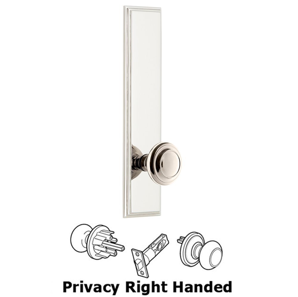 Privacy Carre Tall Plate with Circulaire Right Handed Knob in Polished Nickel