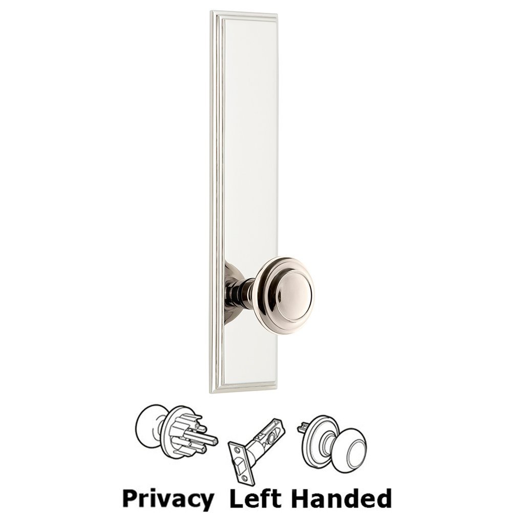 Privacy Carre Tall Plate with Circulaire Left Handed Knob in Polished Nickel
