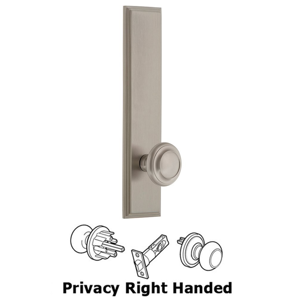 Privacy Carre Tall Plate with Circulaire Right Handed Knob in Satin Nickel