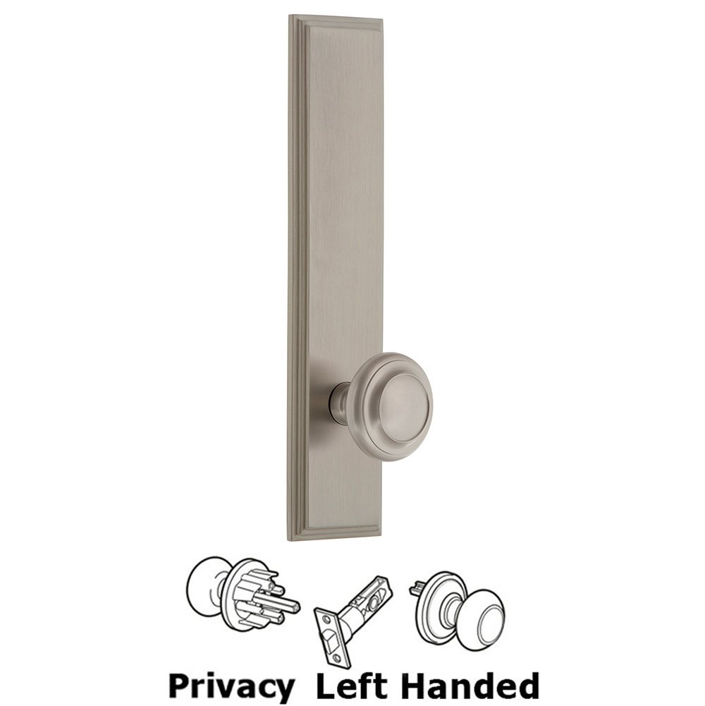 Privacy Carre Tall Plate with Circulaire Left Handed Knob in Satin Nickel