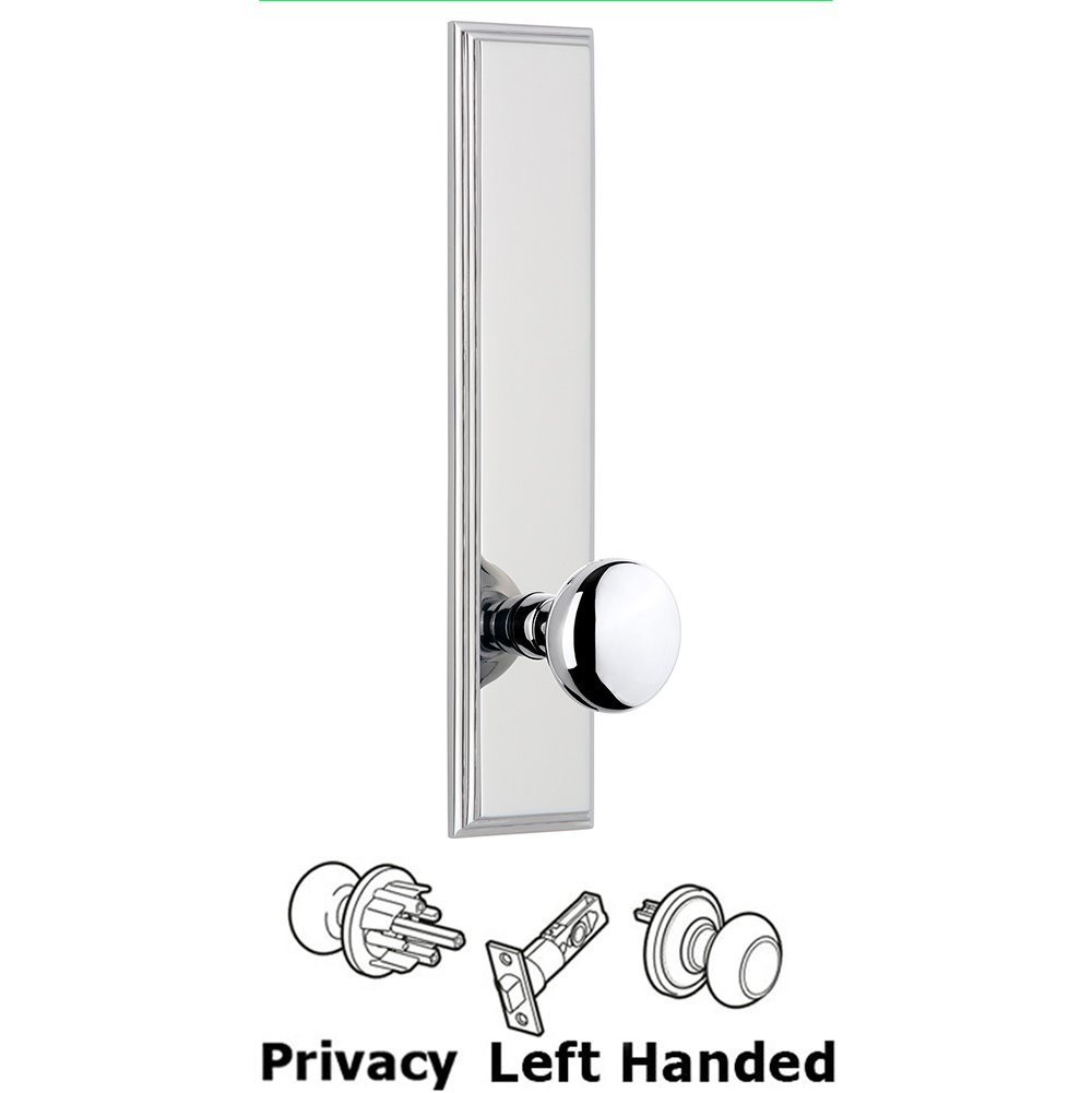 Privacy Carre Tall Plate with Fifth Avenue Left Handed Knob in Bright Chrome