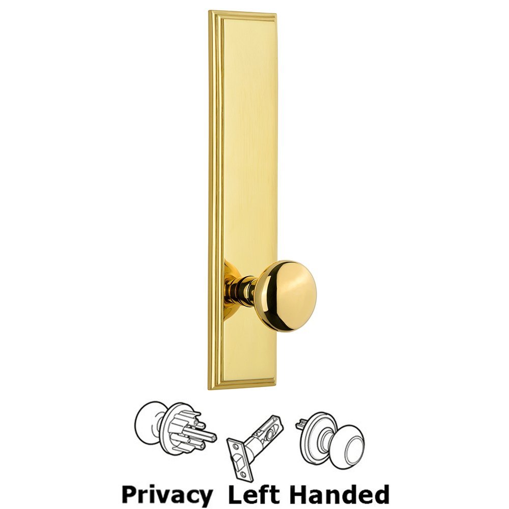 Privacy Carre Tall Plate with Fifth Avenue Left Handed Knob in Lifetime Brass