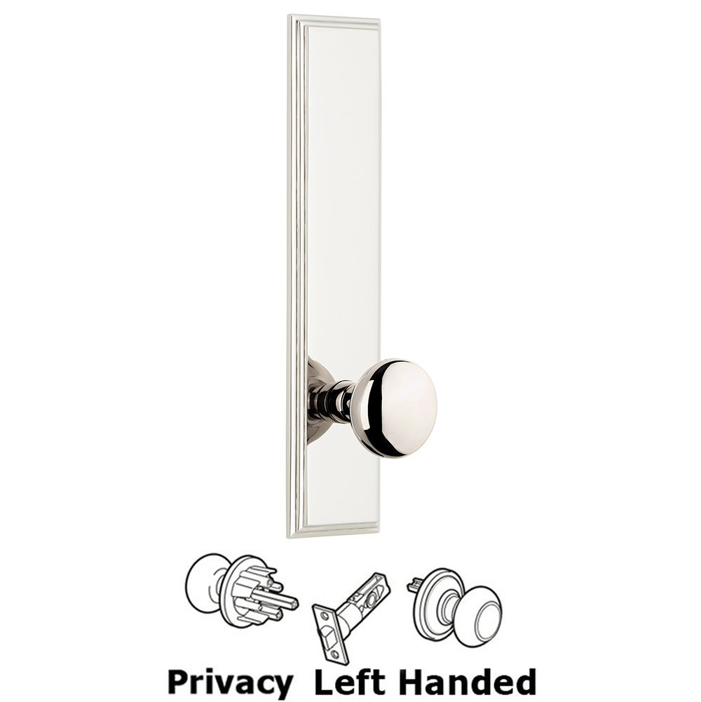 Privacy Carre Tall Plate with Fifth Avenue Left Handed Knob in Polished Nickel