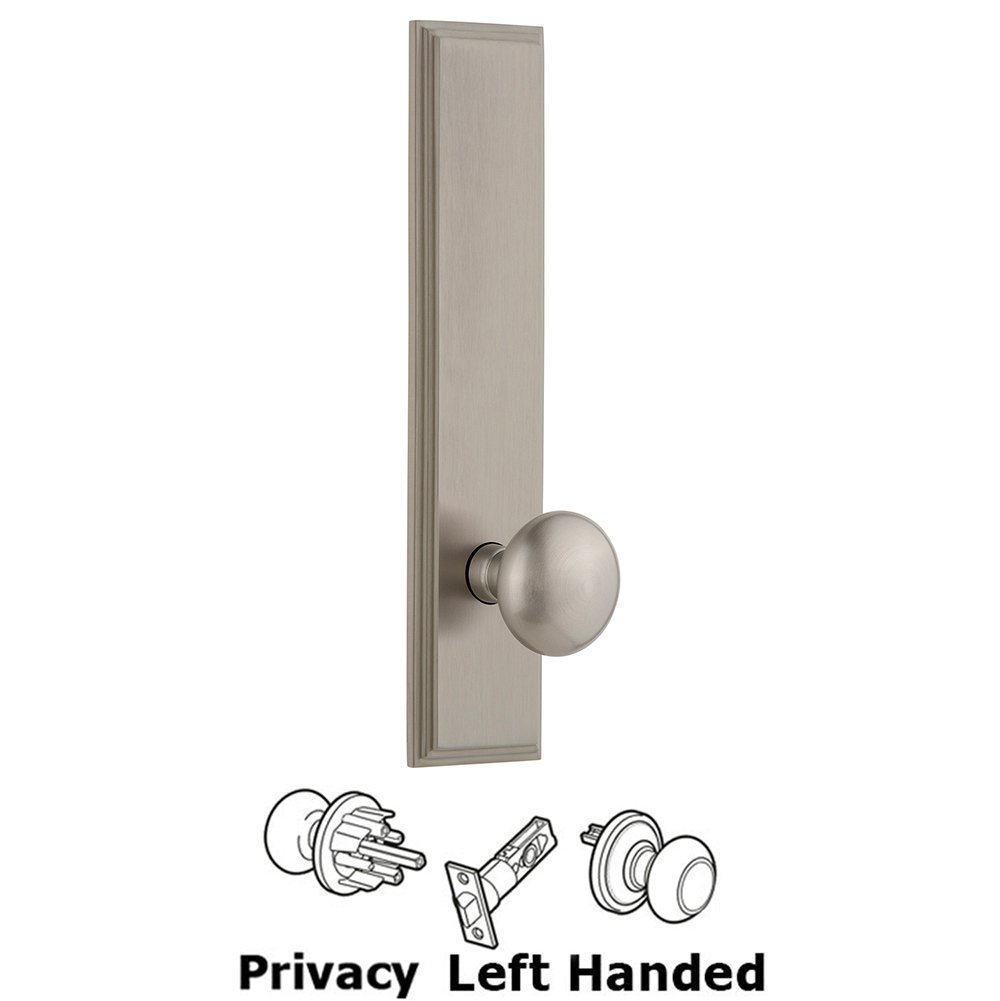 Privacy Carre Tall Plate with Fifth Avenue Left Handed Knob in Satin Nickel