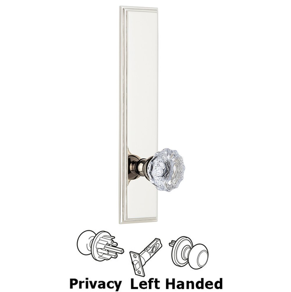 Privacy Carre Tall Plate with Fontainebleau Left Handed Knob in Polished Nickel