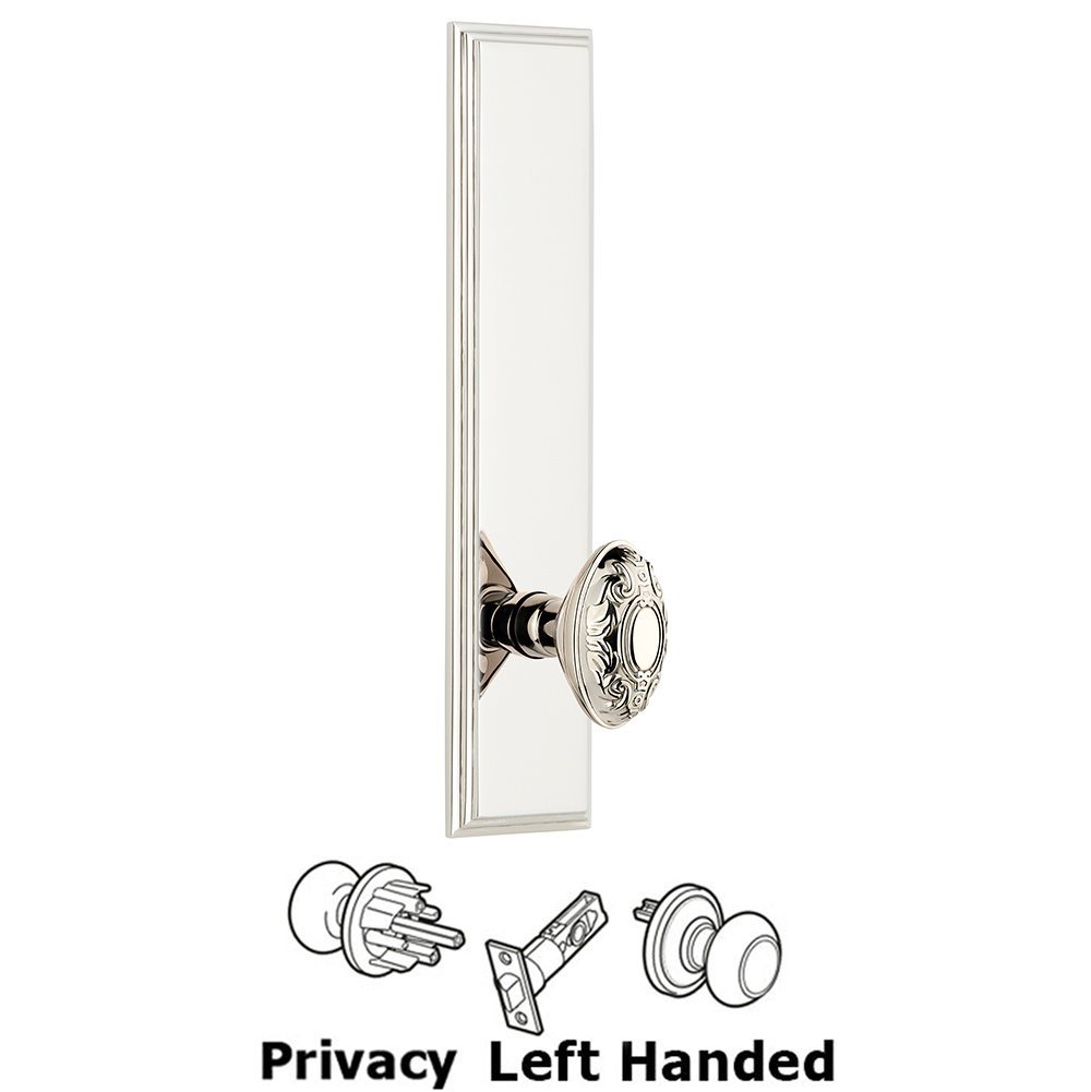 Privacy Carre Tall Plate with Grande Victorian Left Handed Knob in Polished Nickel