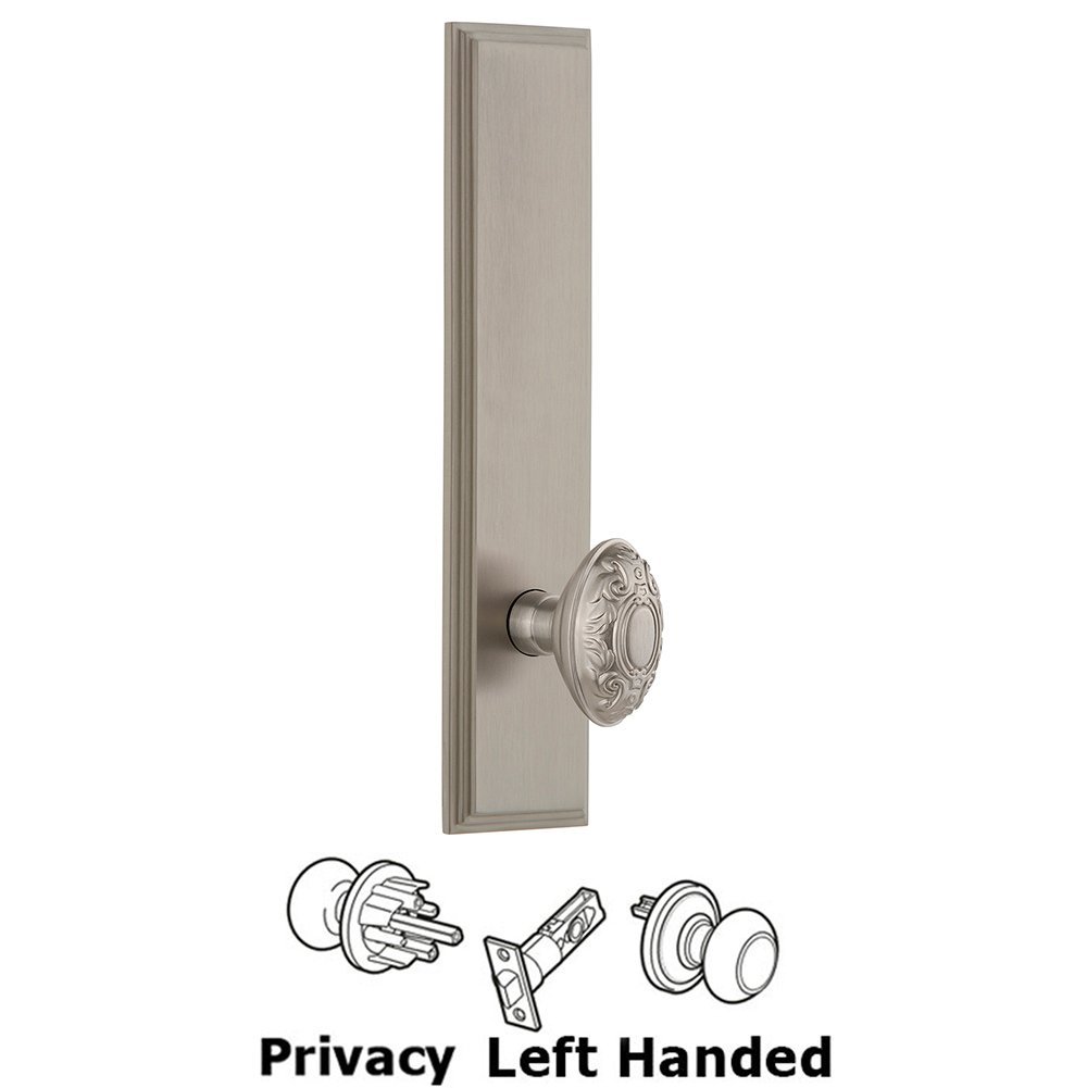 Privacy Carre Tall Plate with Grande Victorian Left Handed Knob in Satin Nickel