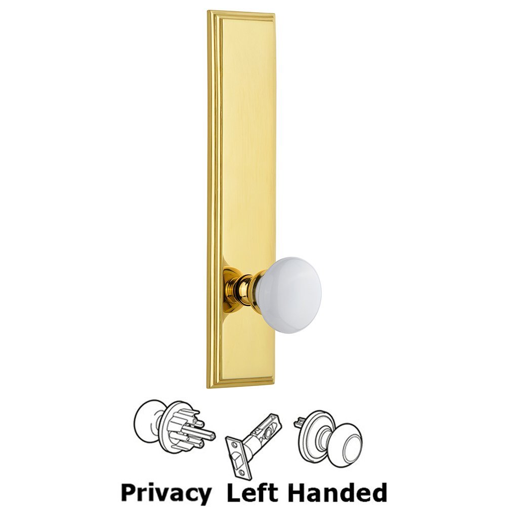 Privacy Carre Tall Plate with Hyde Park Left Handed Knob in Lifetime Brass