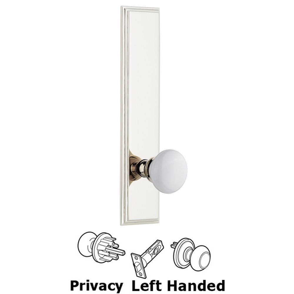 Privacy Carre Tall Plate with Hyde Park Left Handed Knob in Polished Nickel