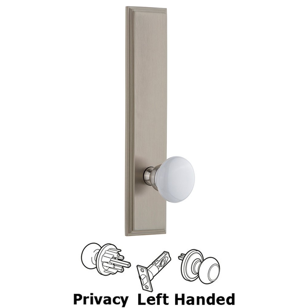 Privacy Carre Tall Plate with Hyde Park Left Handed Knob in Satin Nickel