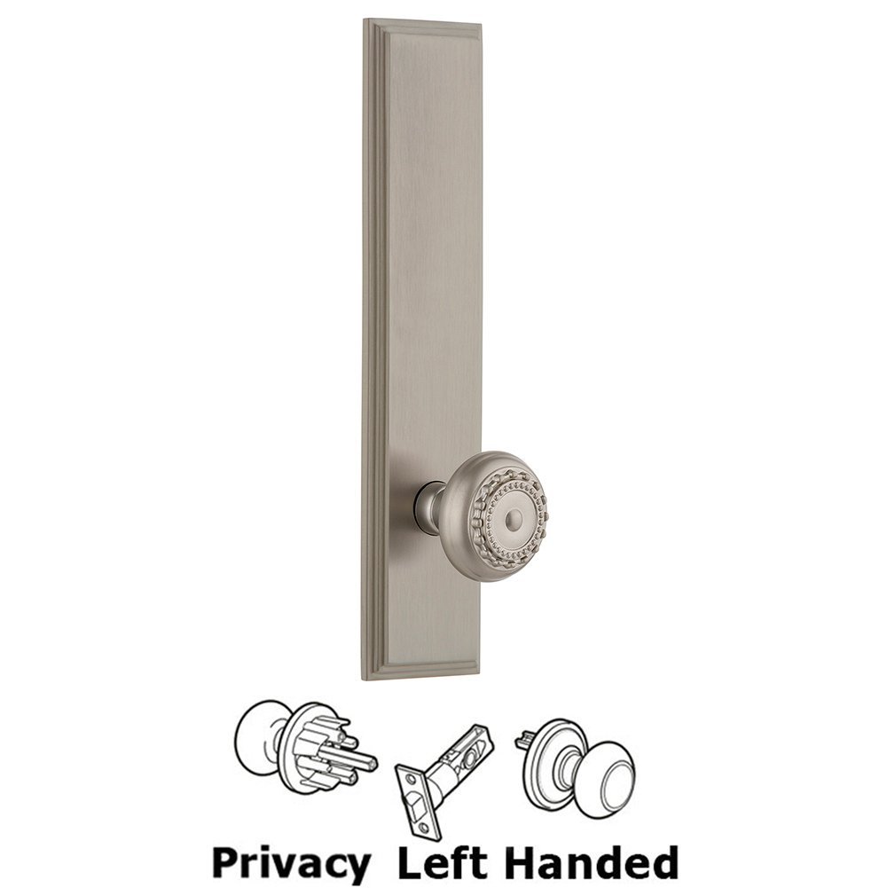 Privacy Carre Tall Plate with Parthenon Left Handed Knob in Satin Nickel