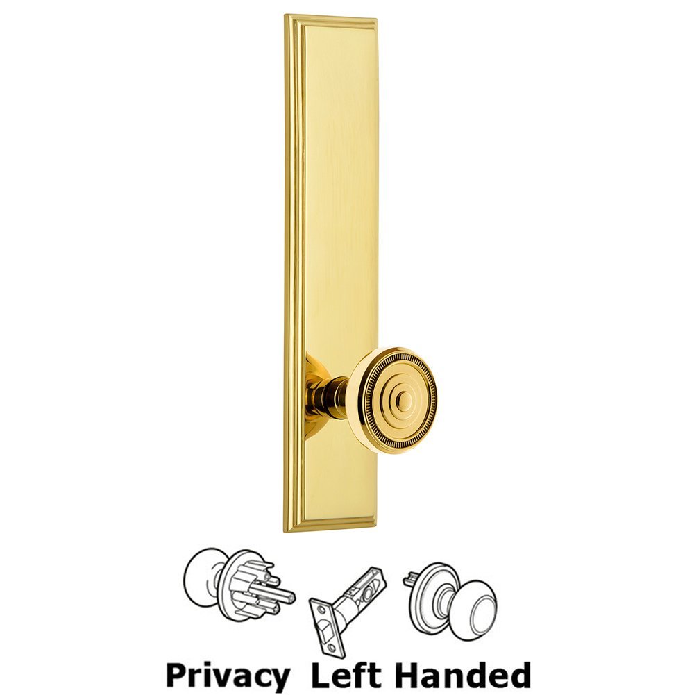 Privacy Carre Tall Plate with Soleil Left Handed Knob in Lifetime Brass