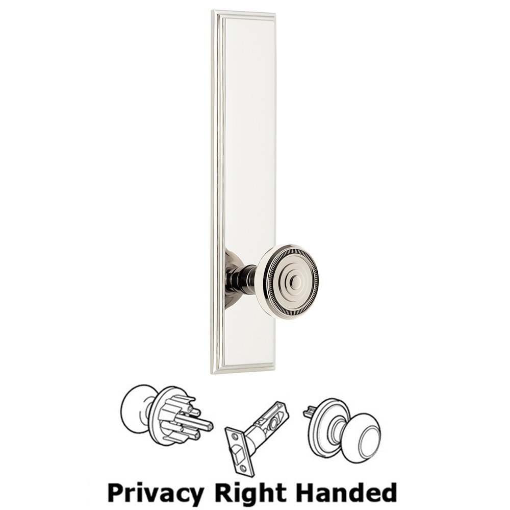 Privacy Carre Tall Plate with Soleil Right Handed Knob in Polished Nickel
