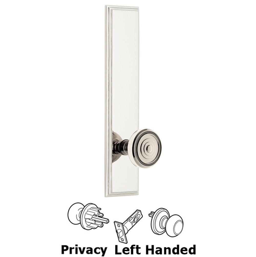Privacy Carre Tall Plate with Soleil Left Handed Knob in Polished Nickel